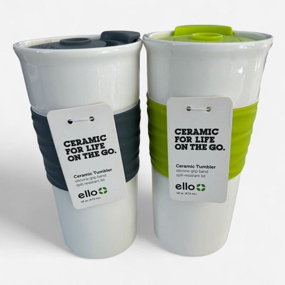 Sustainable Set of 2 Ello NWT Ceramic To Go Mugs with lids